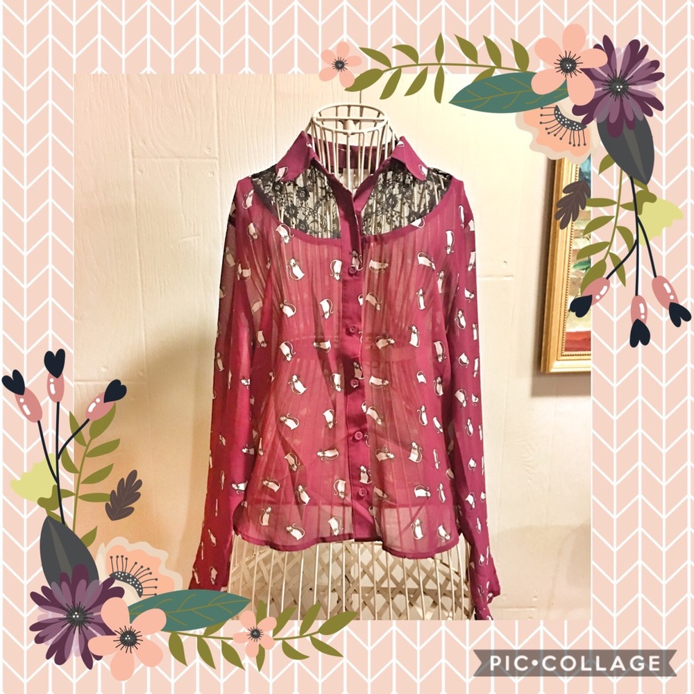 SUPER CUTE CAT PRINT BLOUSE TOP